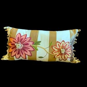 Gorgeous beaded floral striped lumbar pillow. Shades of coral, bronze & cream